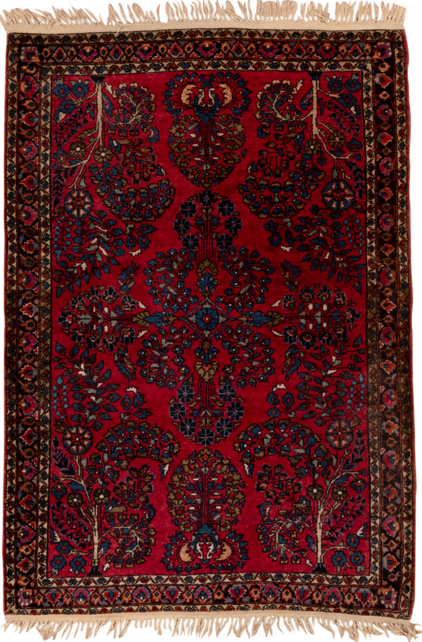 3' x 4' one-of-a-kind handmade vintage Sarouk small size rug. Color palette: brown, red, gray, blue, orange, pink, black