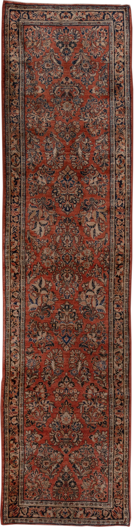 2' x 10' one-of-a-kind handmade vintage Sarouk runner rug. Color palette: brown, gray, pink, redwood