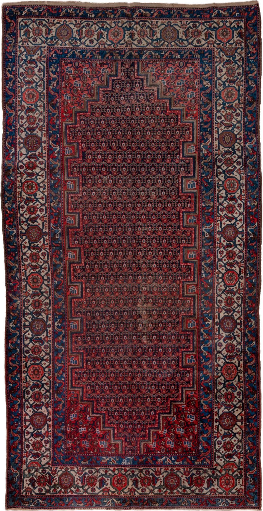 5' x 11' one-of-a-kind handmade vintage Malayer rug. Color palette: black, blue, brown, charcoal, gray, pink, red