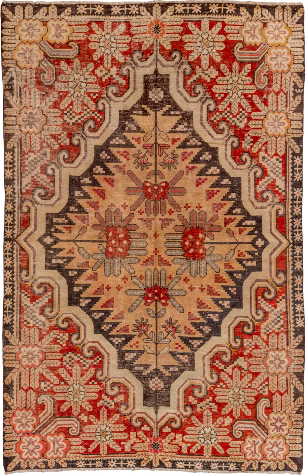 5' x 8' one-of-a-kind handmade vintage Khotan medium size rug. Color palette: brown, dark red, off-white, orange, red, tan