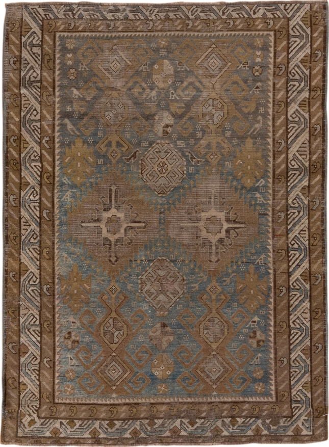 3' x 4' one-of-a-kind handmade vintage Shirvan small size rug. Color palette: brown, gray, light gray, off-white, dark gray