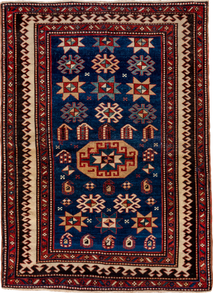3' x 4' one-of-a-kind handmade vintage Shirvan small size rug. Color palette: brown, red, orange, off-white, gray, blue