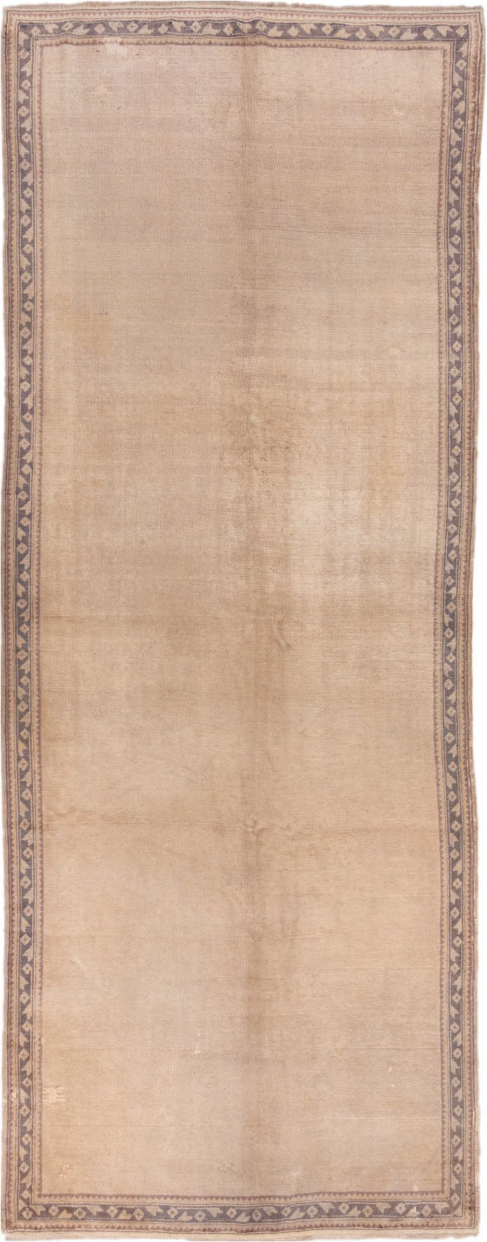 6' x 15' one-of-a-kind handmade vintage Oushak rug. Color palette: brown, gray, light gray, off-white, orange, pink, snow