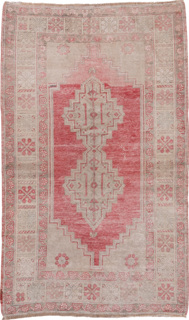 3' x 6' one-of-a-kind handmade vintage Oushak small size rug. Color palette: gray, pink, light gray, off-white, rosy brown