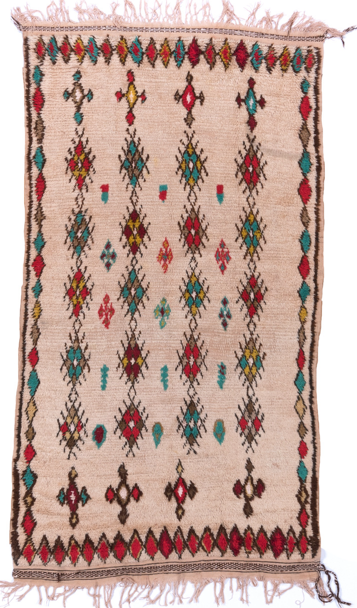 3' x 7' one-of-a-kind handmade vintage Moroccan rug. Color palette: pink, brown, red, gray, off-white, blue, green, orange
