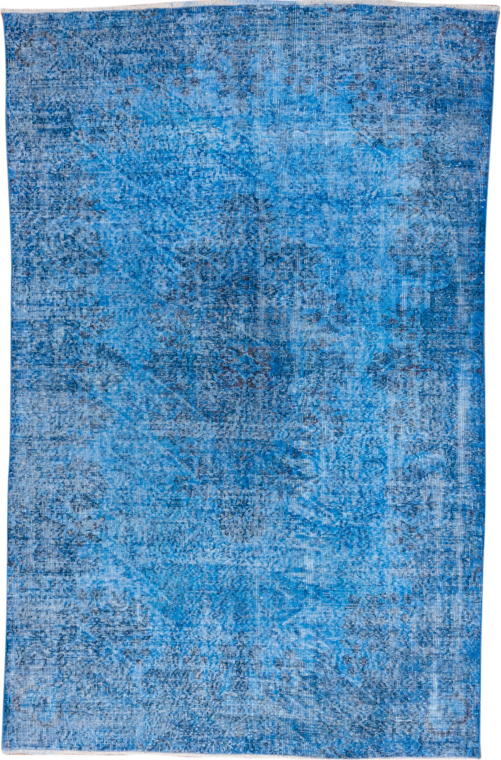 5' x 8' one-of-a-kind handmade vintage Overdyed medium size rug. Color palette: blue, gray, light blue, light steel blue