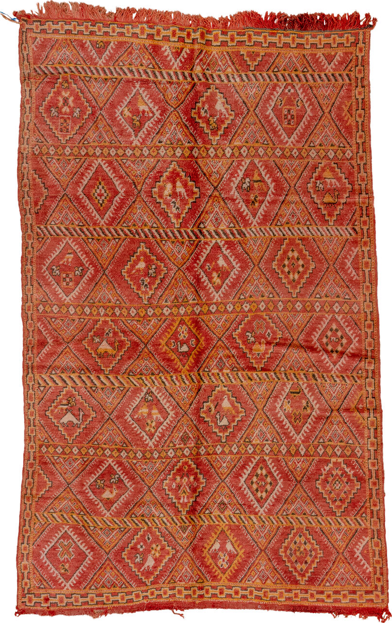 5' x 8' one-of-a-kind handmade vintage Moroccan medium size rug. Color palette: brown, pink, red, orange, dark red, peru
