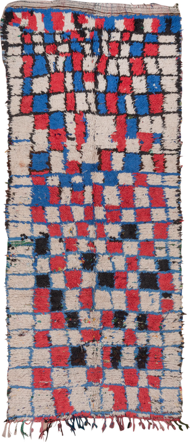 4' x 10' one-of-a-kind handmade vintage Moroccan runner rug. Color palette: black, blue, brown, charcoal, fiord, gray