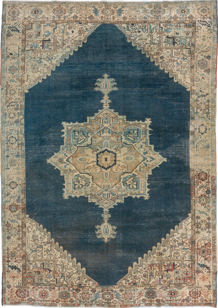 9' x 13' one-of-a-kind handmade vintage Heriz large size rug. Color palette: off-white, gray, orange, brown, light gray