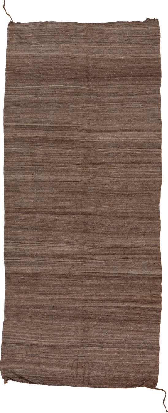 4' x 9' one-of-a-kind handmade vintage runner rug. Color palette: brown, gray, light gray, off-white, pink, snow, white