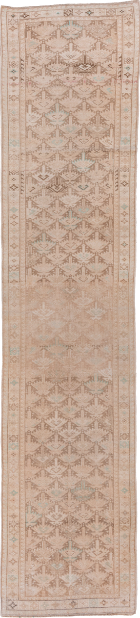 2' x 12' one-of-a-kind handmade vintage Oushak runner rug. Color palette: off-white, light gray, gray, pink, brown, white