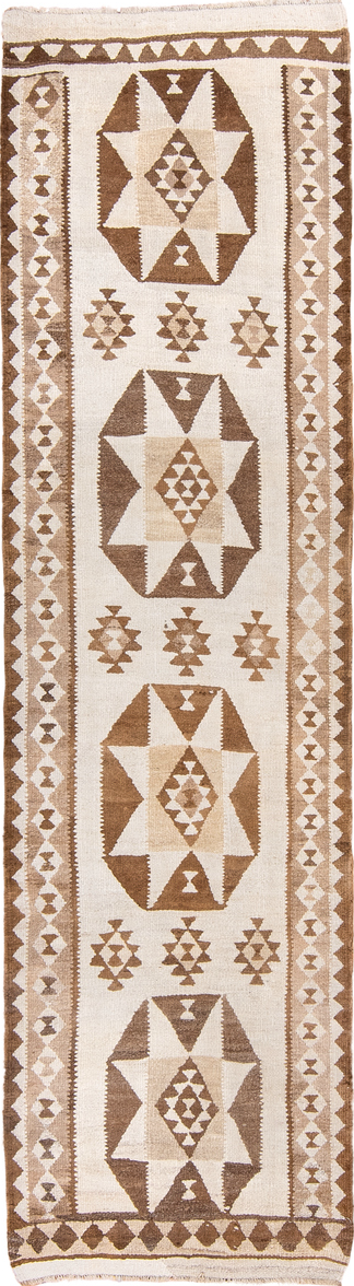 2' x 10' one-of-a-kind handmade vintage Kilim runner rug. Color palette: brown, orange, off-white, light gray, gray, pink