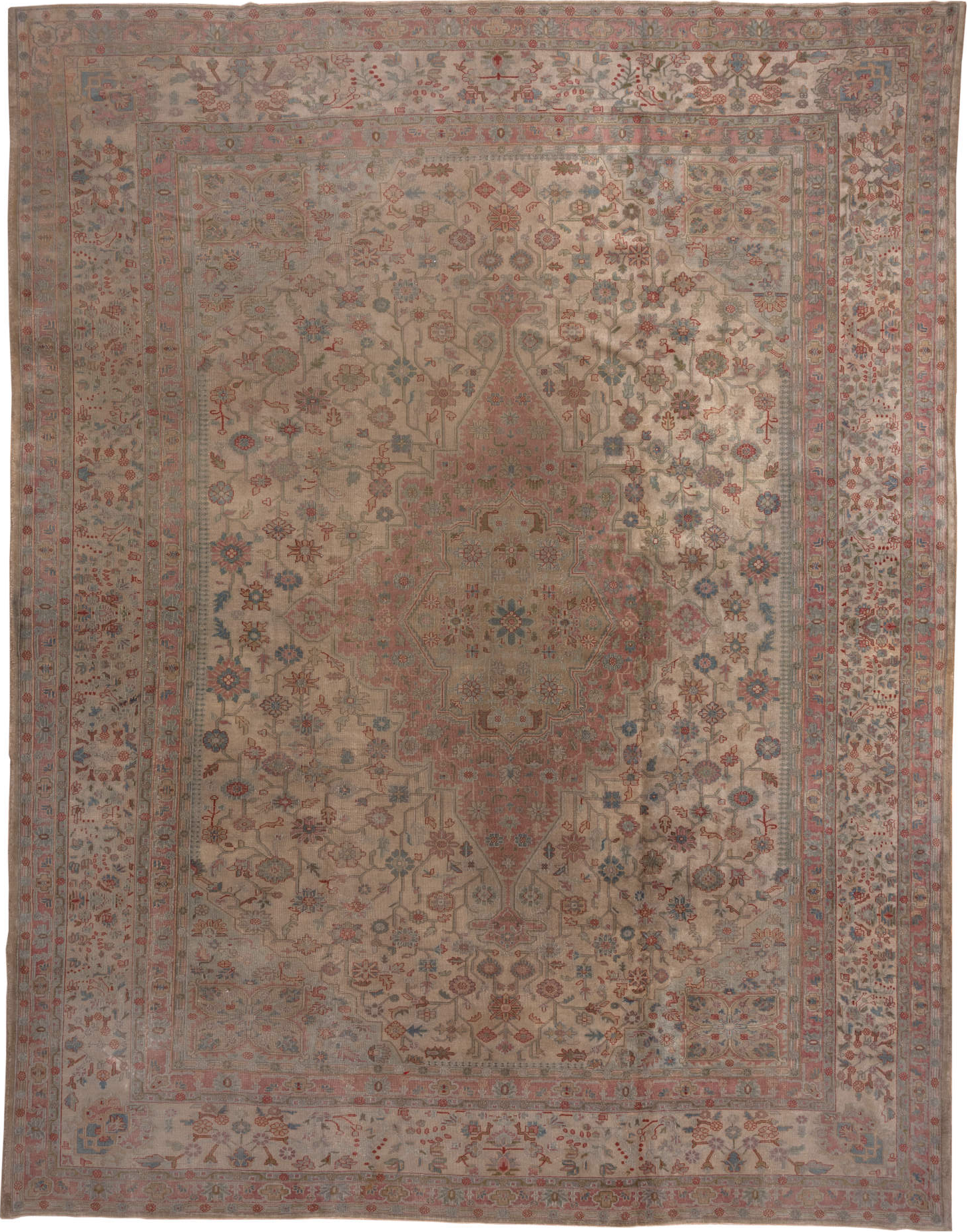 13' x 16' one-of-a-kind handmade vintage Sivas oversize rug. Color palette: brown, dim gray, gray, pink, red, redwood