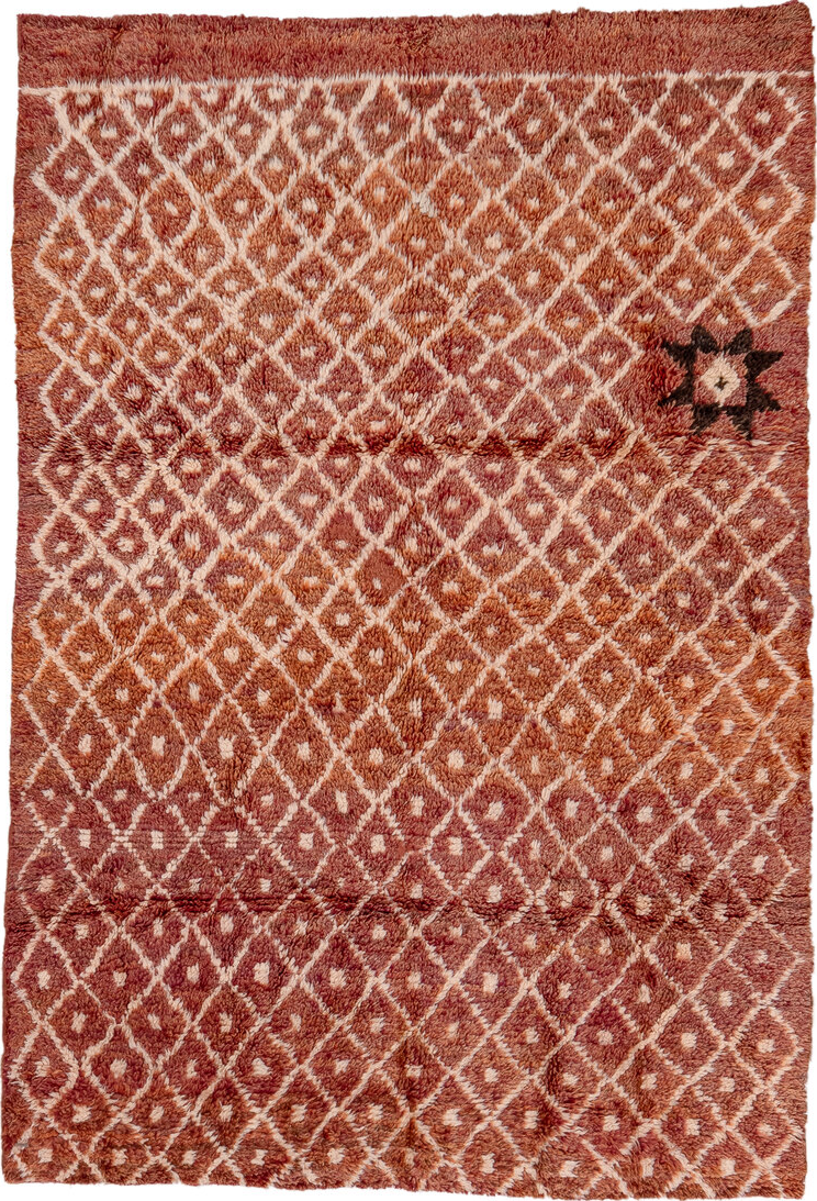 6' x 8' one-of-a-kind handmade vintage Moroccan medium size rug. Color palette: pink, brown, orange, sienna
