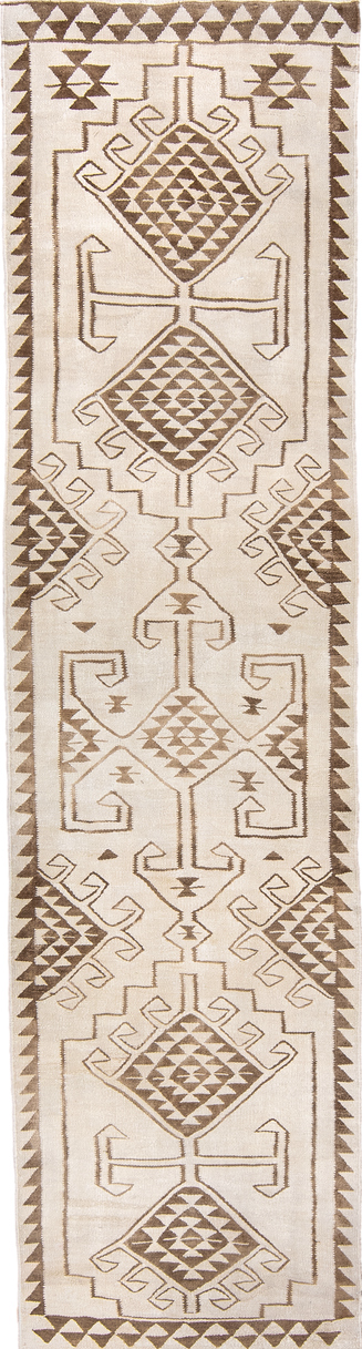 3' x 11' one-of-a-kind handmade vintage Kilim runner rug. Color palette: gray, brown, pink, light gray, off-white, yellow