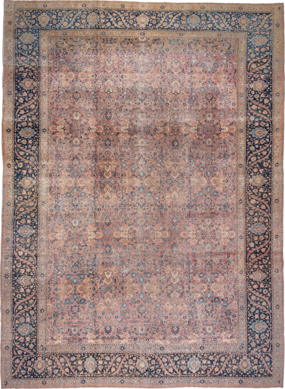 13' x 18' one-of-a-kind handmade vintage Tabriz oversize rug. Color palette: pink, brown, gray, blue, light gray, off-white