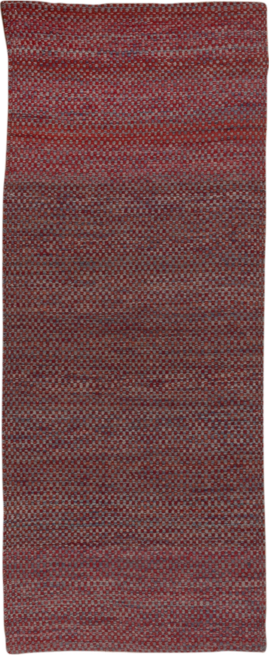 2' x 5' one-of-a-kind handmade vintage Kilim small size rug. Color palette: brown, gray, off-white, pink, red, redwood, snow