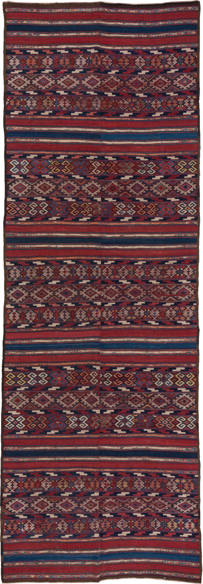 5' x 15' one-of-a-kind handmade vintage Kilim rug. Color palette: arapawa, blue, brown, gray, pink, red, slate gray