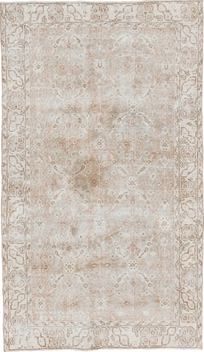 3' x 6' one-of-a-kind handmade vintage Oushak small size rug. Color palette: gray, light gray, off-white, pink, brown