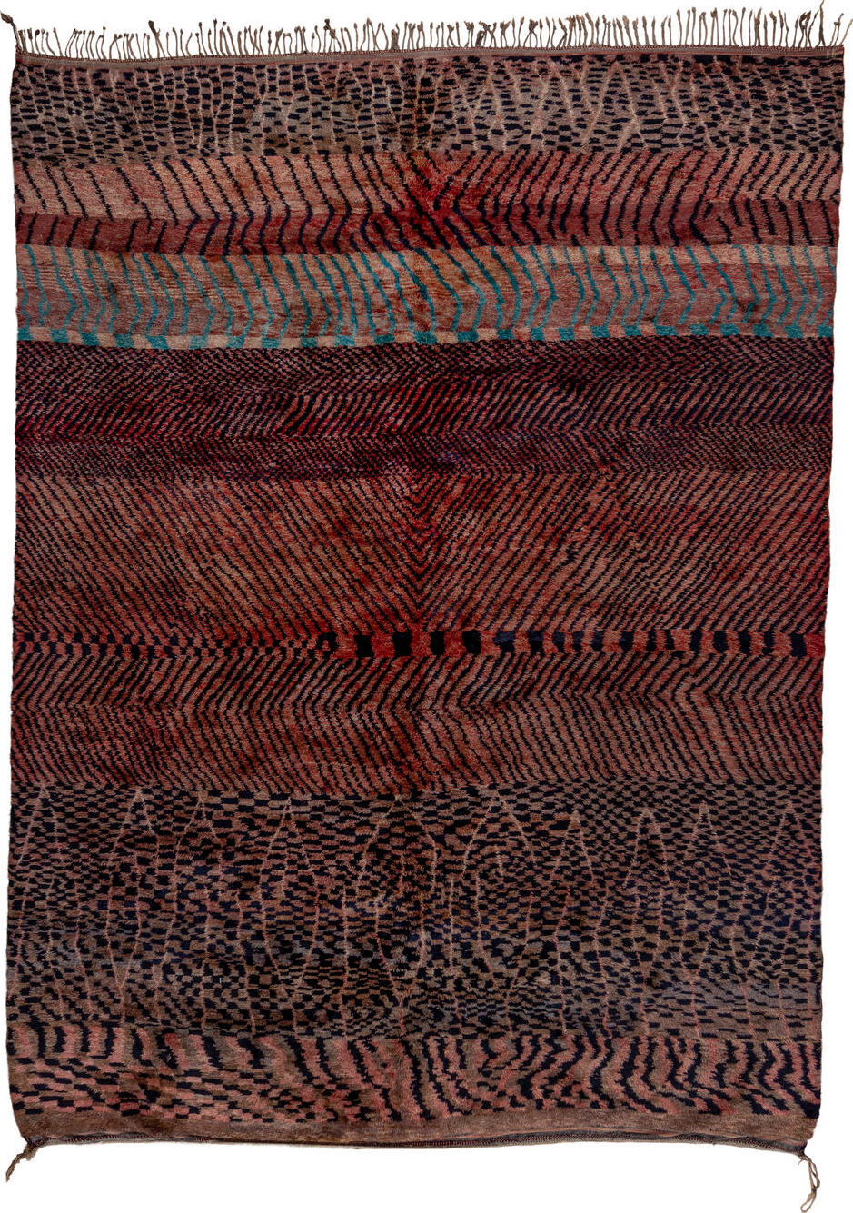 10' x 14' one-of-a-kind handmade vintage Moroccan large size rug. Color palette: red, brown, blue, pink, gray, off-white