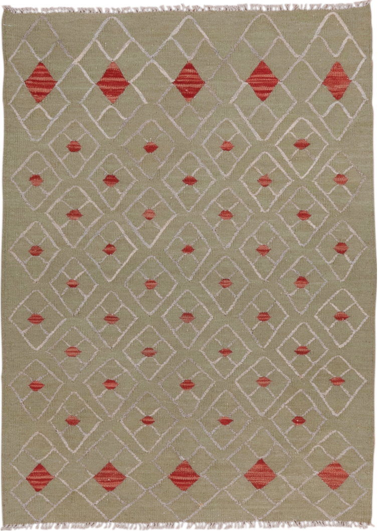 3' x 4' one-of-a-kind handmade vintage Kilim small size rug. Color palette: brown, gray, light gray, off-white, pink, red