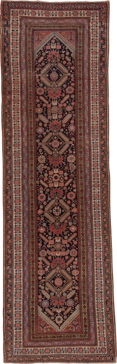 3' x 12' one-of-a-kind handmade vintage Malayer runner rug. Color palette: brown, red, pink, gray