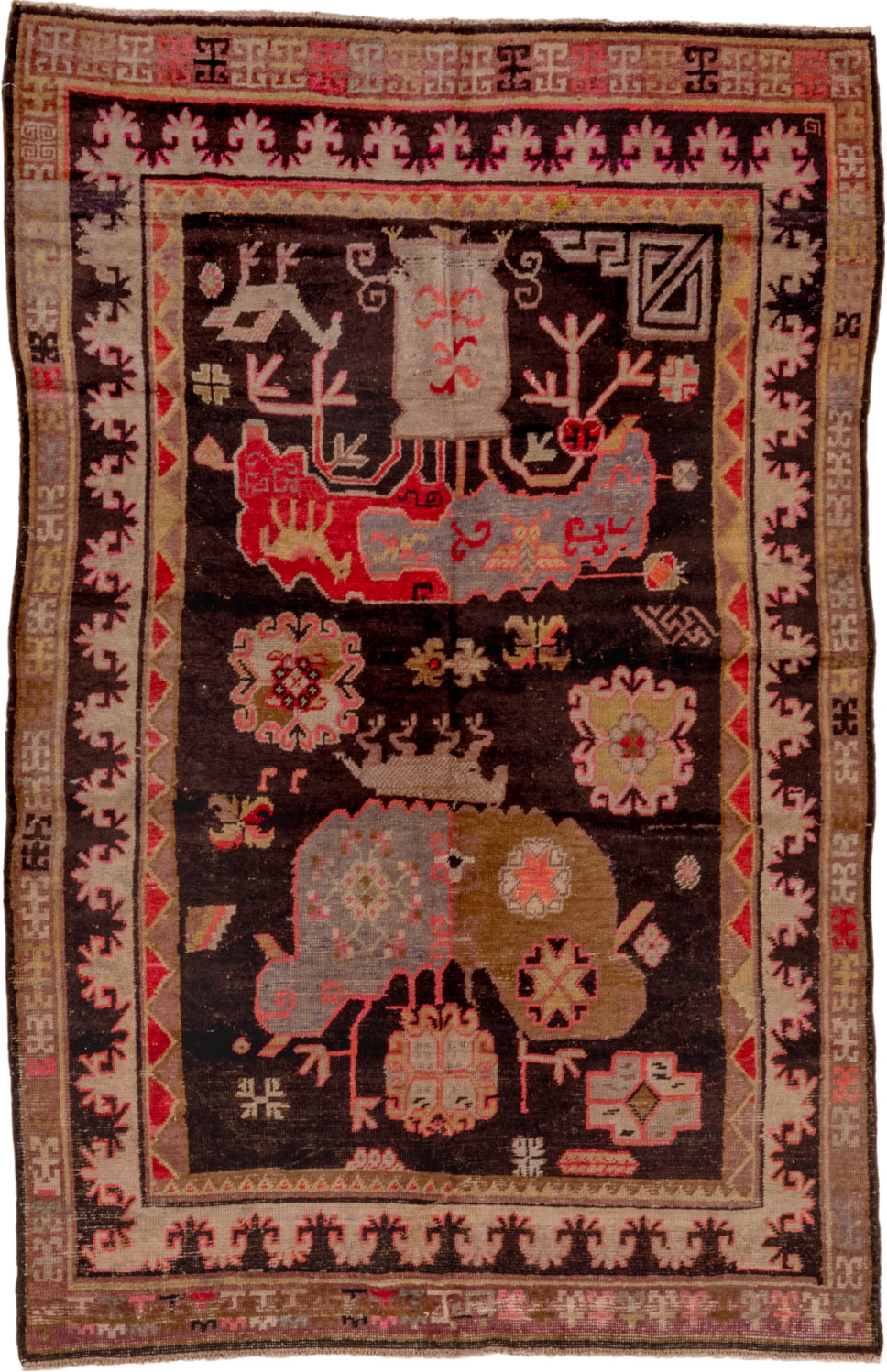 5' x 8' one-of-a-kind handmade vintage Khotan medium size rug. Color palette: black, brown, gray, pink, red