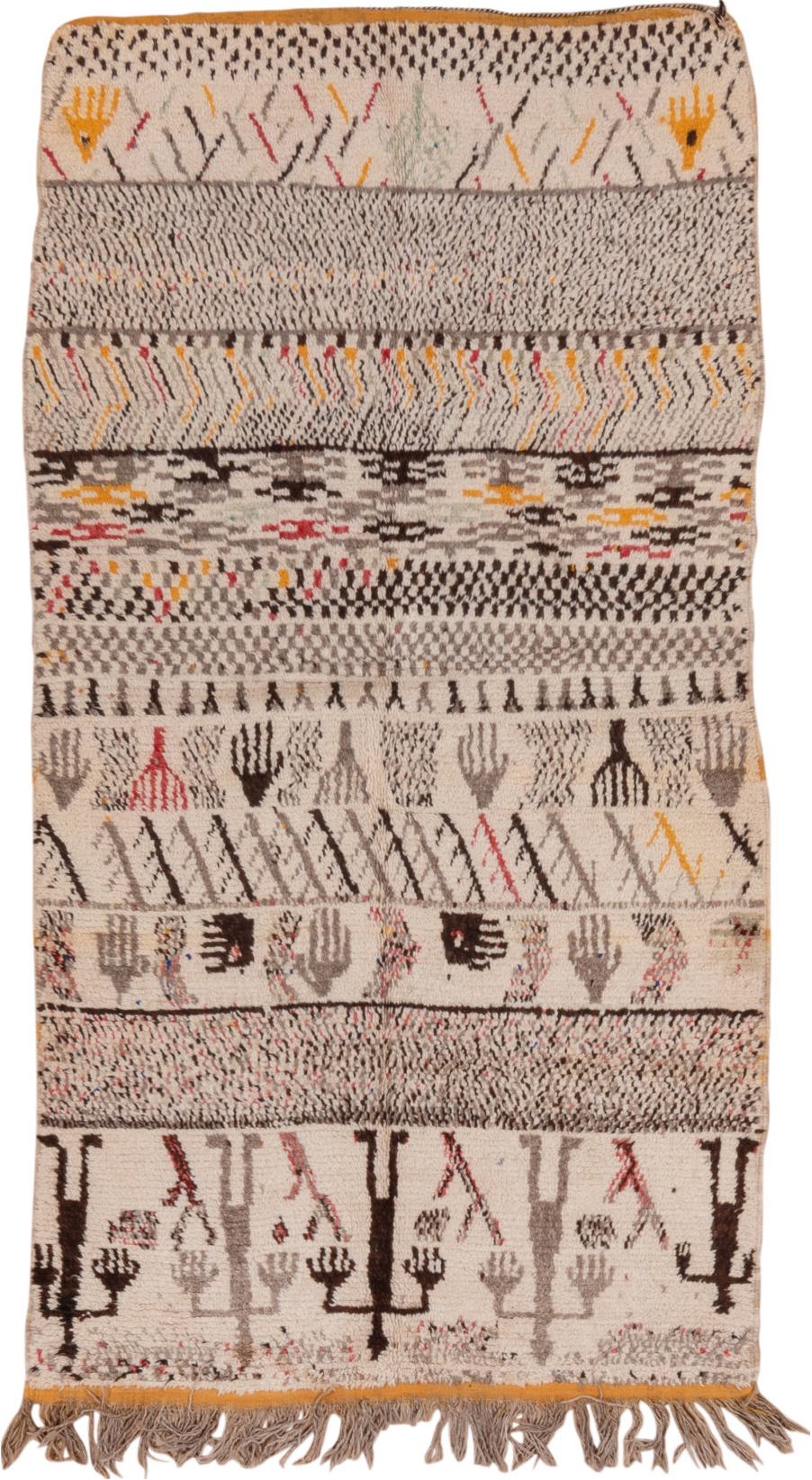 4' x 8' one-of-a-kind handmade vintage Moroccan rug. Color palette: brown, gray, light gray, off-white, orange, peru, pink