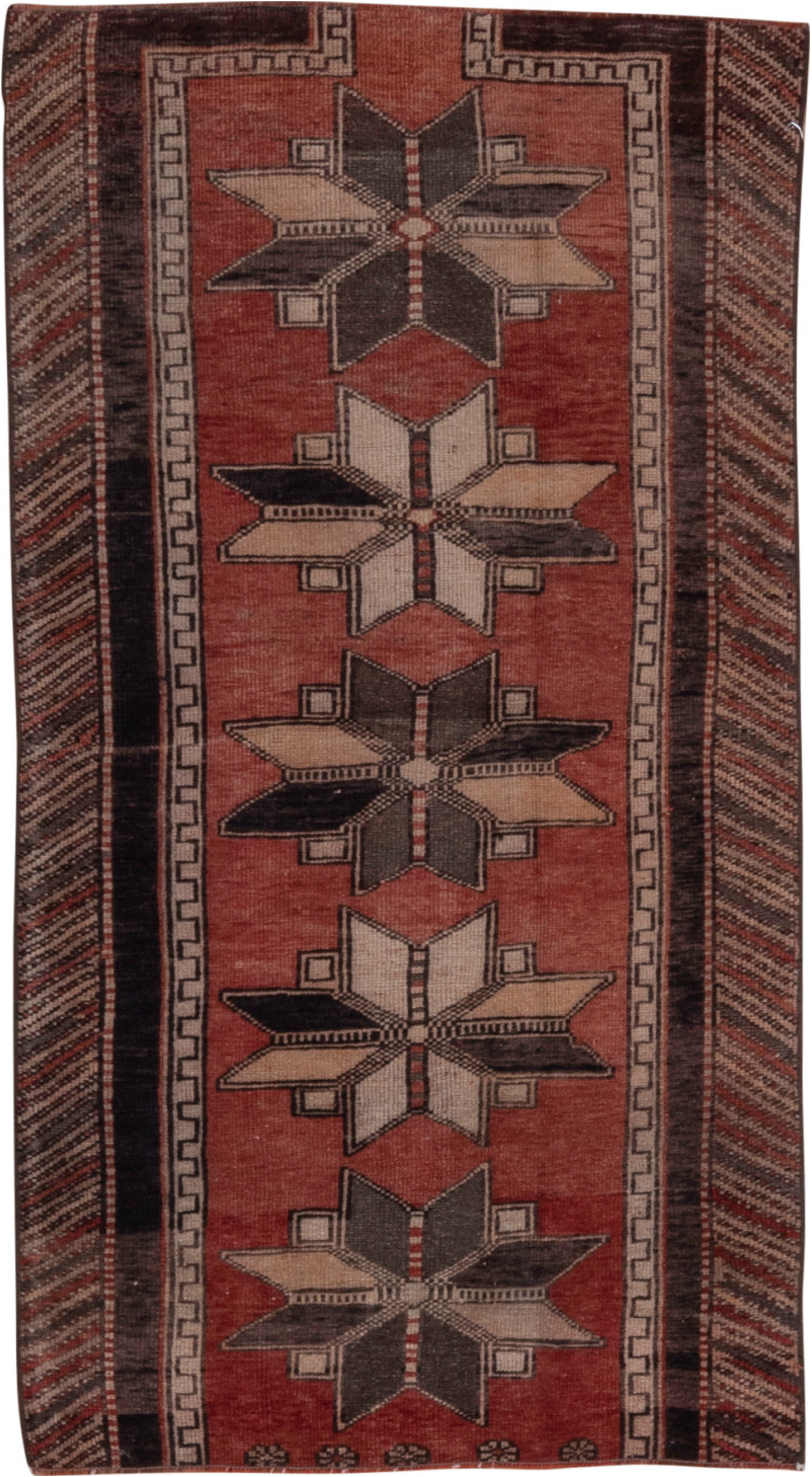 2' x 5' one-of-a-kind handmade vintage Oushak small size rug. Color palette: black, brown, gray, light gray, off-white, pink