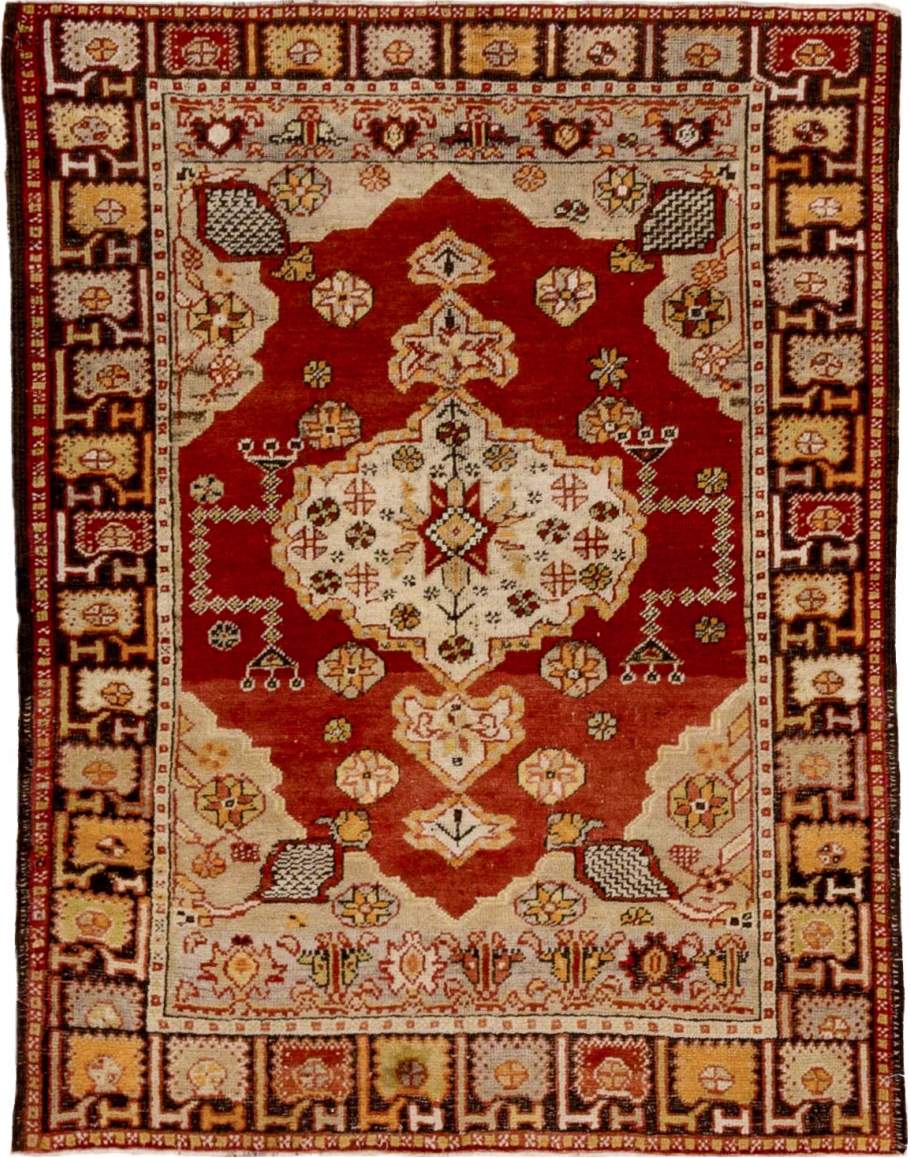 3' x 4' one-of-a-kind handmade vintage Oushak small size rug. Color palette: black, brown, maroon, off-white, orange, pink