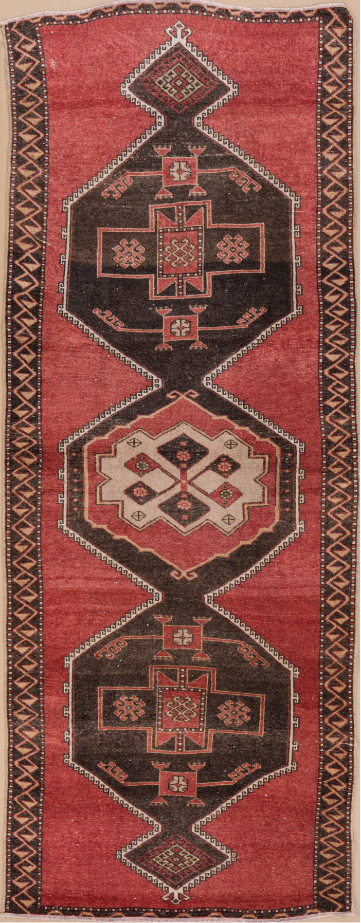4' x 11' one-of-a-kind handmade vintage Oushak runner rug. Color palette: brown, gray, indian red, light gray, off-white
