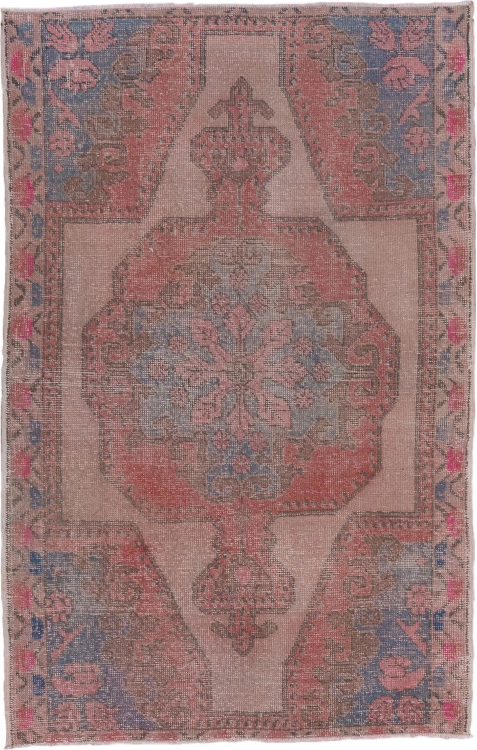 4' x 6' one-of-a-kind handmade vintage Oushak small size rug. Color palette: brown, gray, pink, red, rosy brown