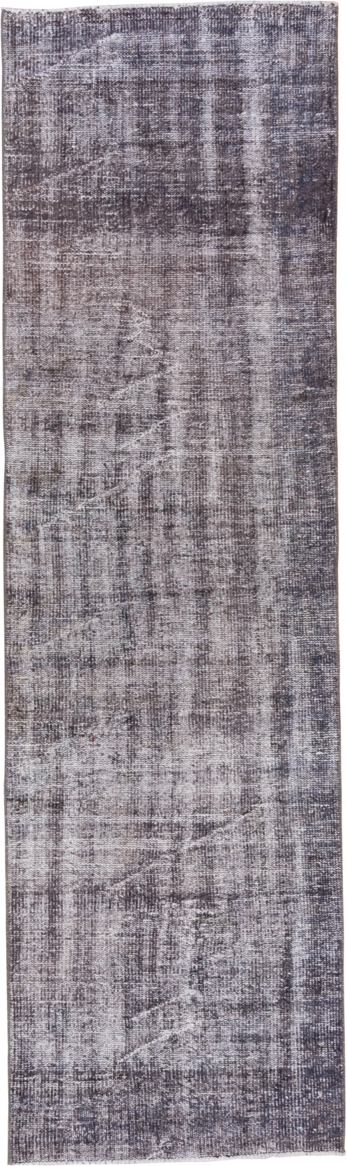 2' x 9' one-of-a-kind handmade vintage Overdyed runner rug. Color palette: black, gainsboro, gray, light gray, off-white