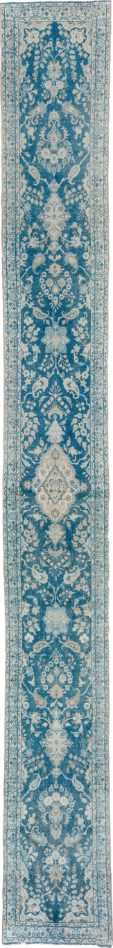 2' x 22' one-of-a-kind handmade vintage Lilian runner rug. Color palette: blue, gray, light gray, off-white, silver