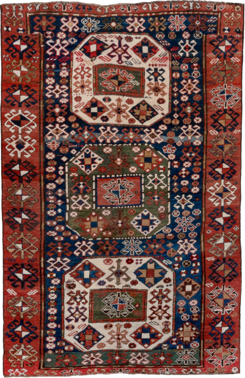 4' x 6' one-of-a-kind handmade vintage Kazak small size rug. Color palette: blue, brown, gray, pink, red