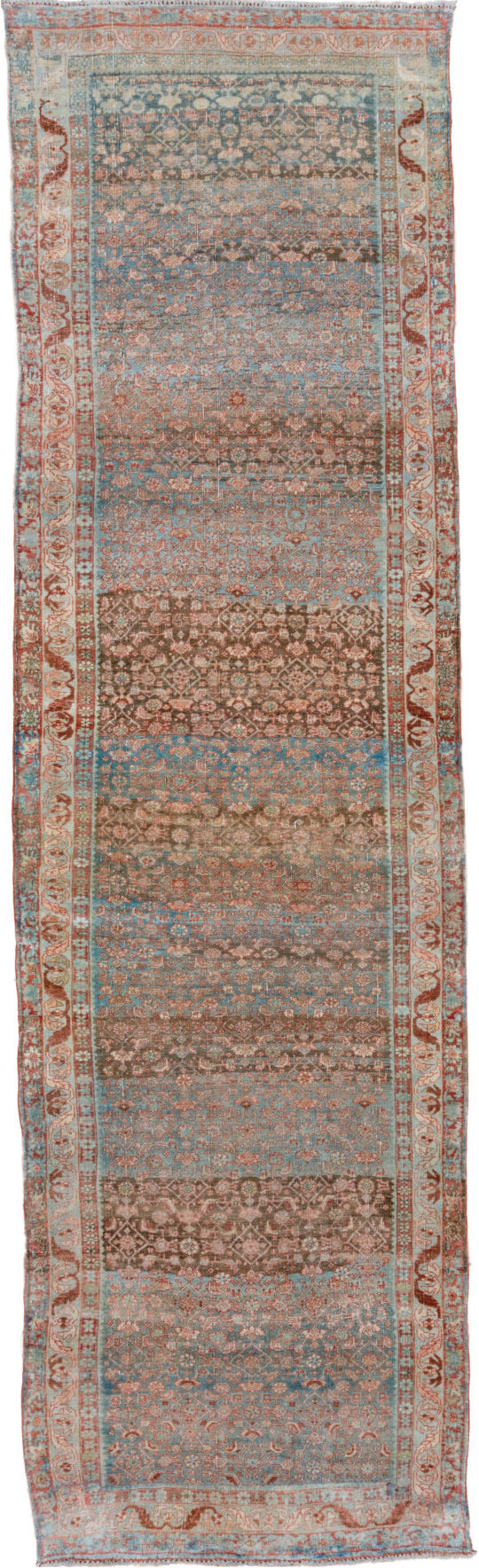 4' x 14' one-of-a-kind handmade vintage Bidjar runner rug. Color palette: pink, gray, light gray, brown, off-white, silver