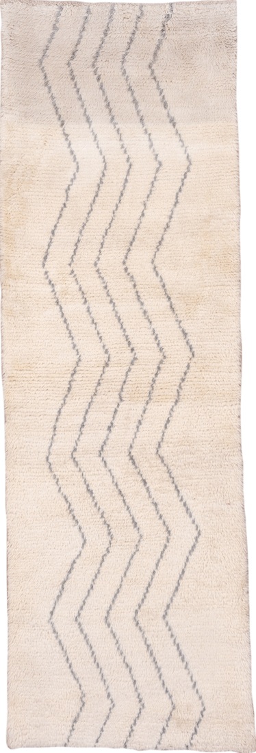 3' x 9' one-of-a-kind handmade vintage Moroccan runner rug. Color palette: off-white, gray, light gray, pink, brown, orange