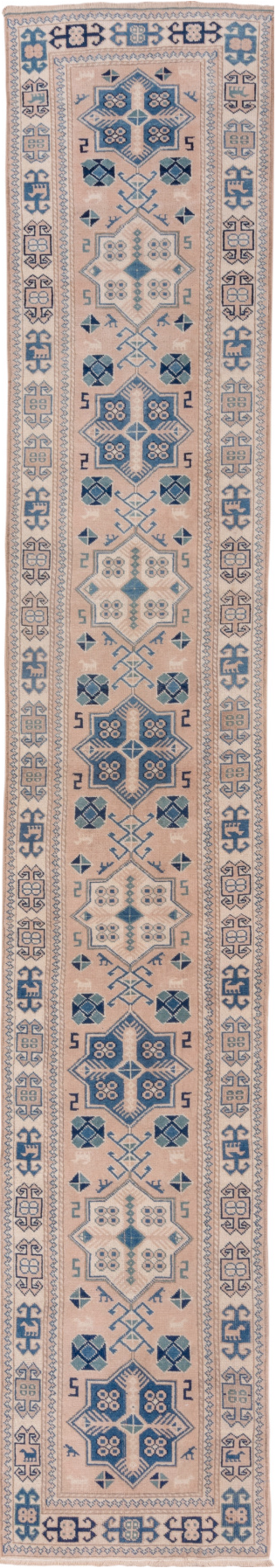 2' x 15' one-of-a-kind handmade vintage Oushak runner rug. Color palette: blue, brown, fiord, gray, light gray, off-white
