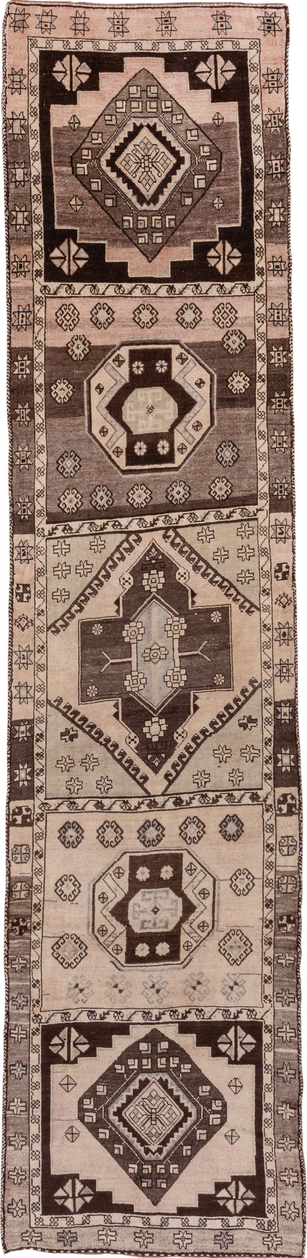 3' x 14' one-of-a-kind handmade vintage Oushak runner rug. Color palette: brown, gray, pink, light gray, off-white, white