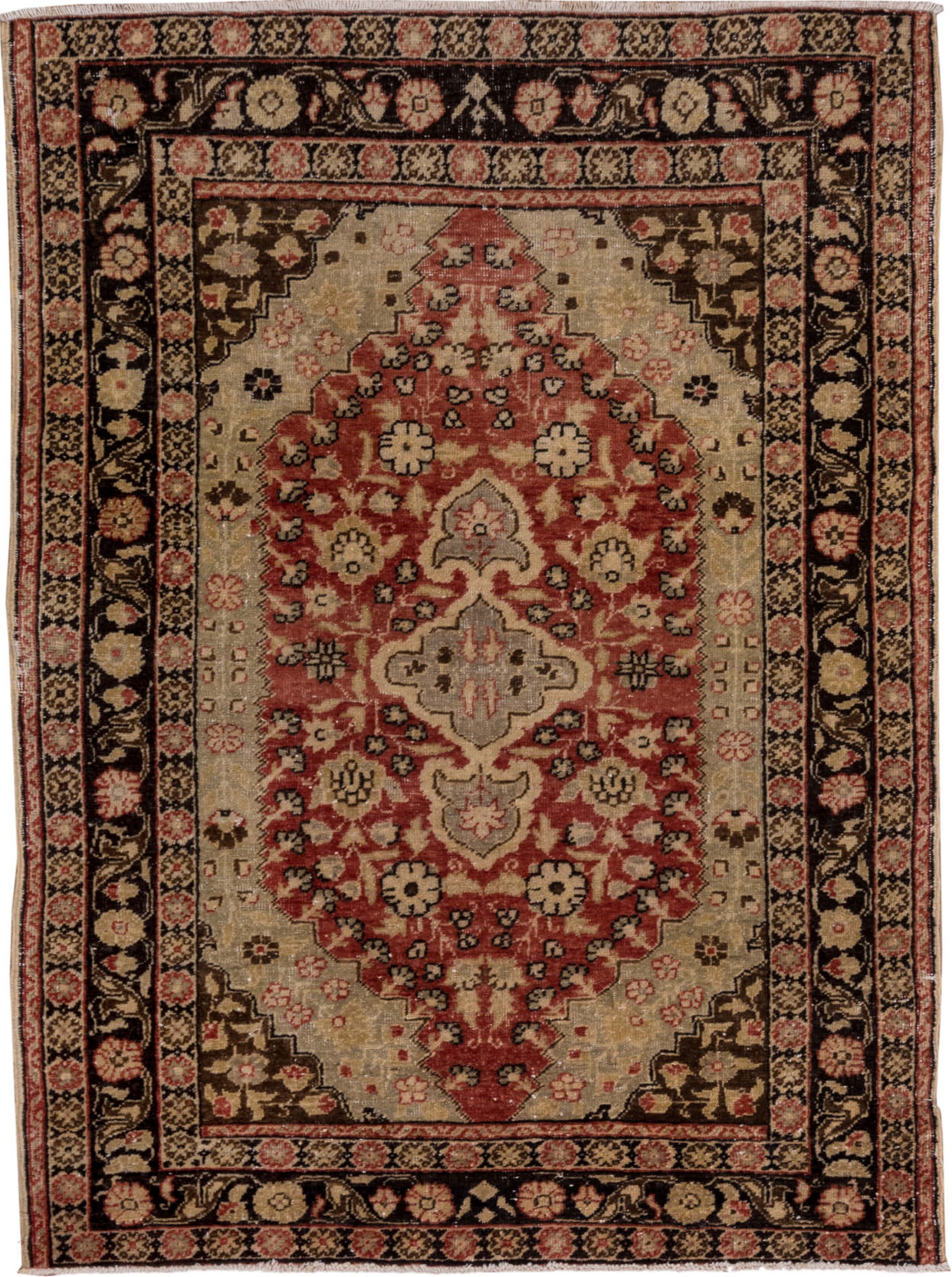 4' x 5' one-of-a-kind handmade vintage Oushak small size rug. Color palette: black, brown, gainsboro, gray, light gray