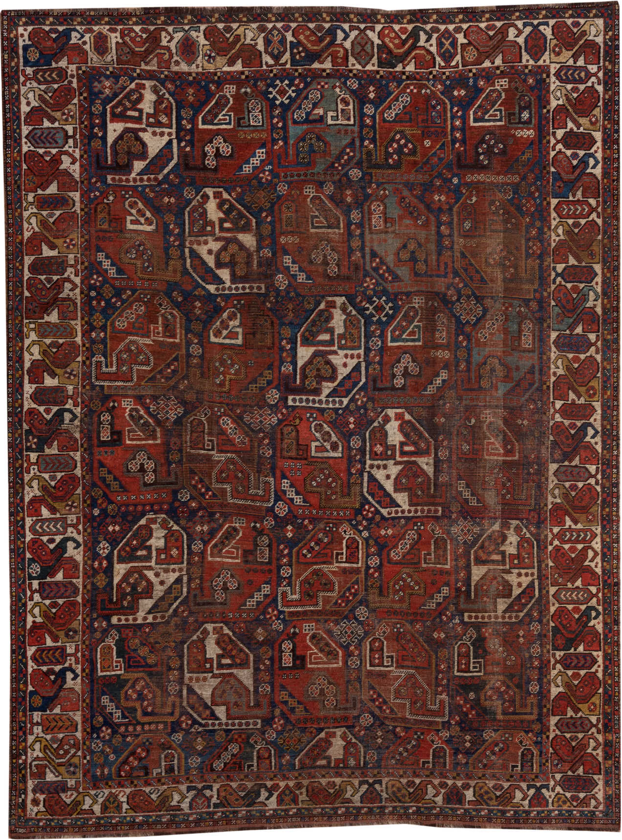 7' x 9' one-of-a-kind handmade vintage Shiraz rug. Color palette: gray, pink, brown, light gray, off-white, black, red, blue