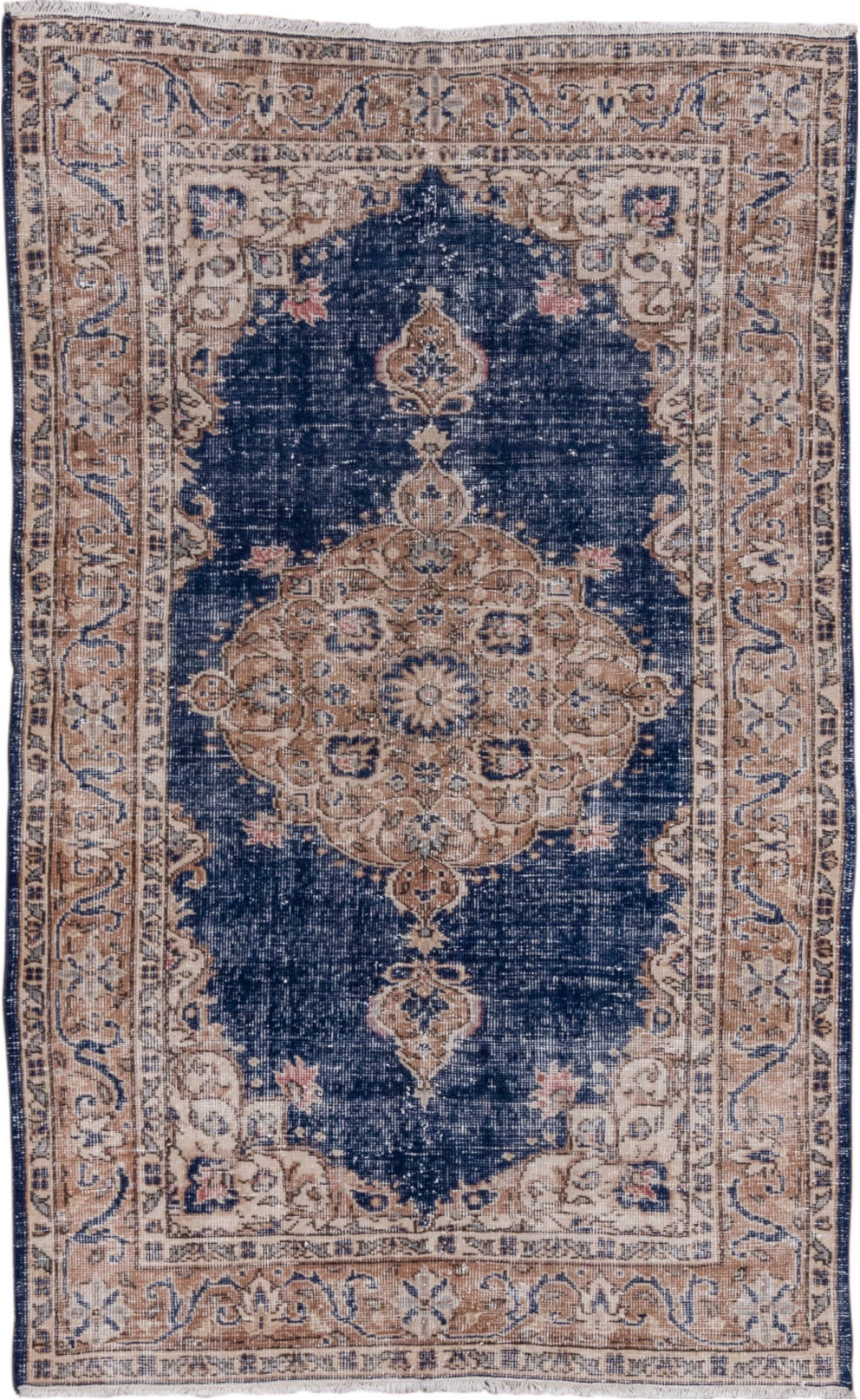 4' x 6' one-of-a-kind handmade vintage Oushak small size rug. Color palette: blue, brown, fiord, gray, light gray, off-white