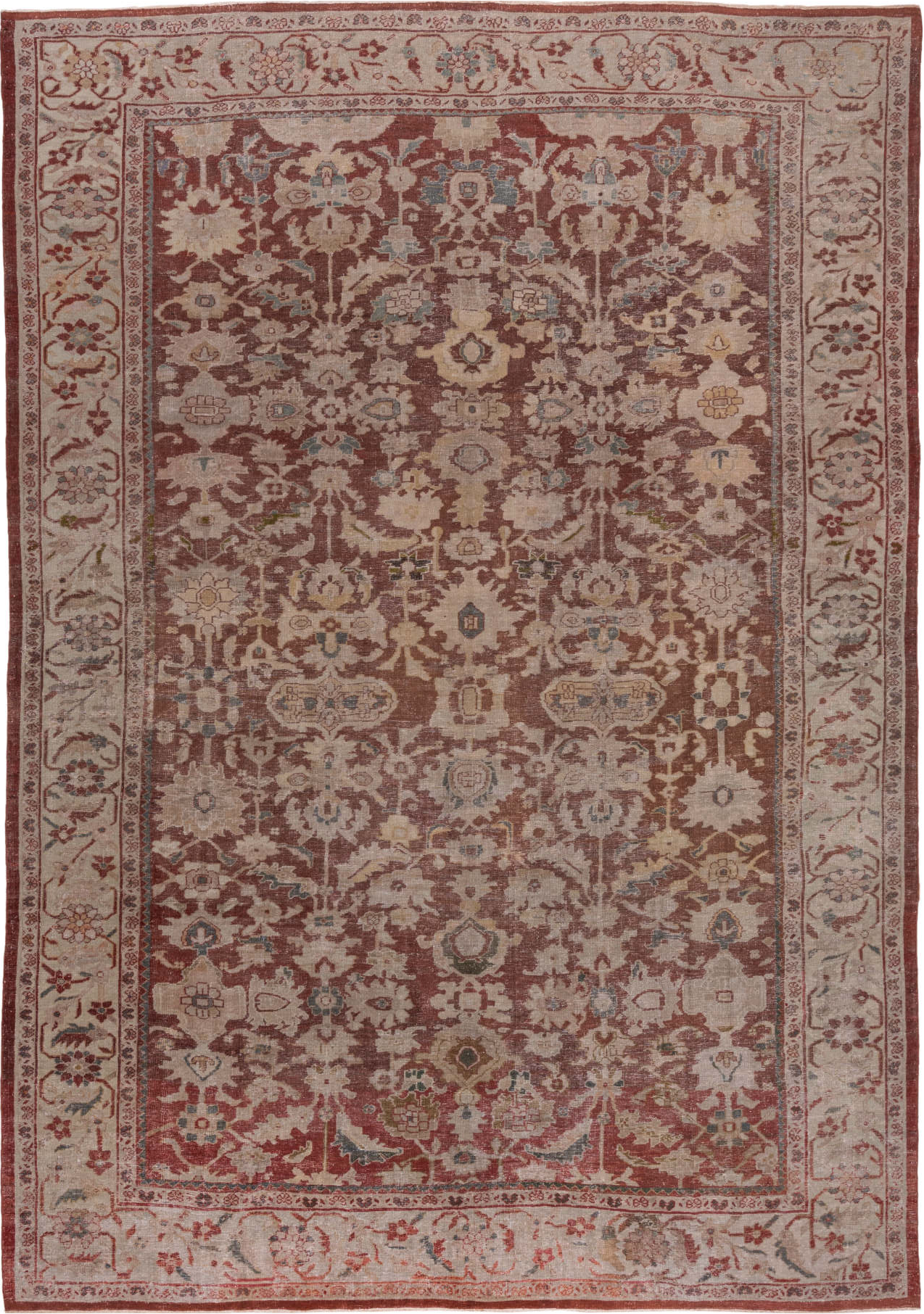 10' x 14' one-of-a-kind handmade vintage Sultanabad large size rug. Color palette: brown, gray, pink, red, redwood