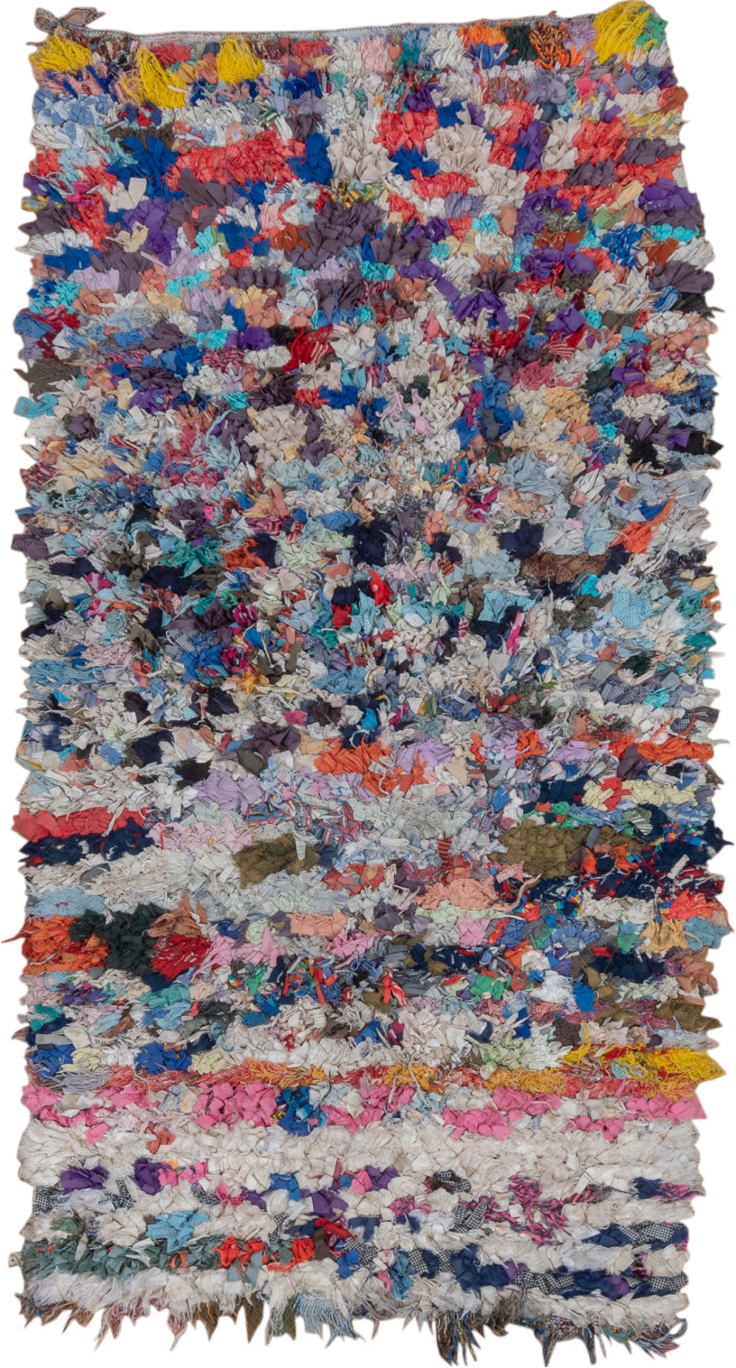 4' x 7' one-of-a-kind handmade vintage Rag Rug rug. Color palette: blue, brown, dark gray, gray, green, light gray