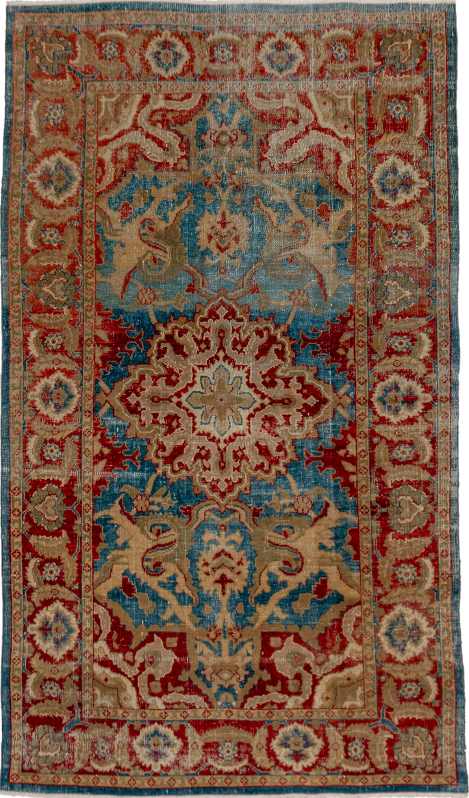 3' x 6' one-of-a-kind handmade vintage Amritzar small size rug. Color palette: gray, blue, brown, red, dark gray