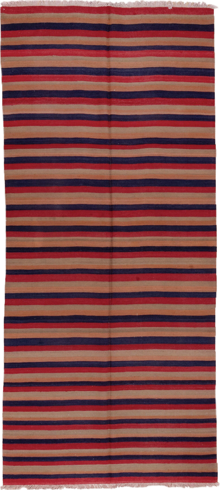 4' x 10' one-of-a-kind handmade vintage Kilim runner rug. Color palette: brown, gray, light gray, pink, red