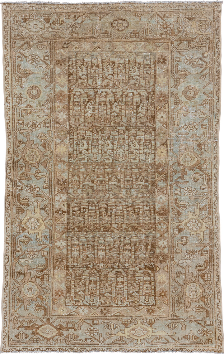 3' x 6' one-of-a-kind handmade vintage Malayer small size rug. Color palette: brown, gray, off-white, orange, light gray