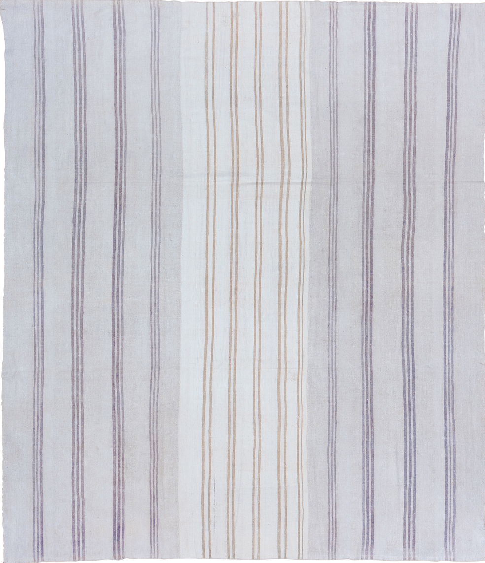 9' x 11' one-of-a-kind handmade vintage Flatweave large size rug. Color palette: gray, off-white, light gray, pink