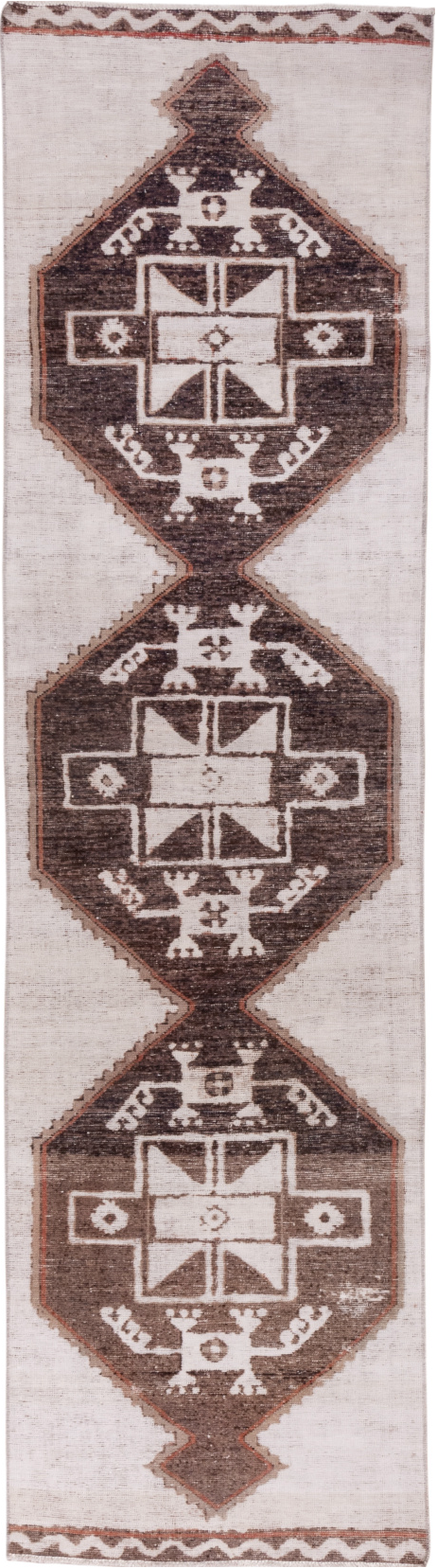 3' x 11' one-of-a-kind handmade vintage Oushak runner rug. Color palette: brown, gray, light gray, off-white, pink, silver