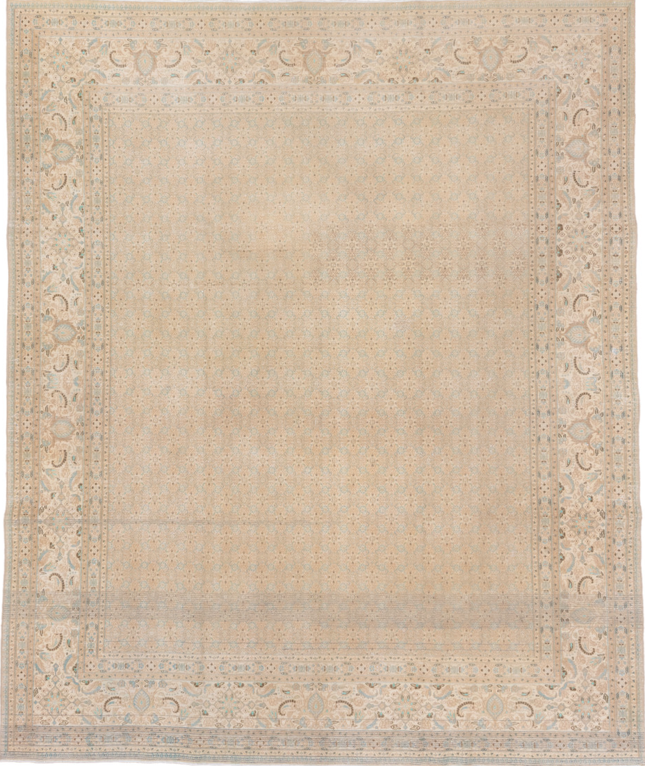 7' x 9' one-of-a-kind handmade vintage Tabriz rug. Color palette: brown, gray, light gray, off-white, orange, tan